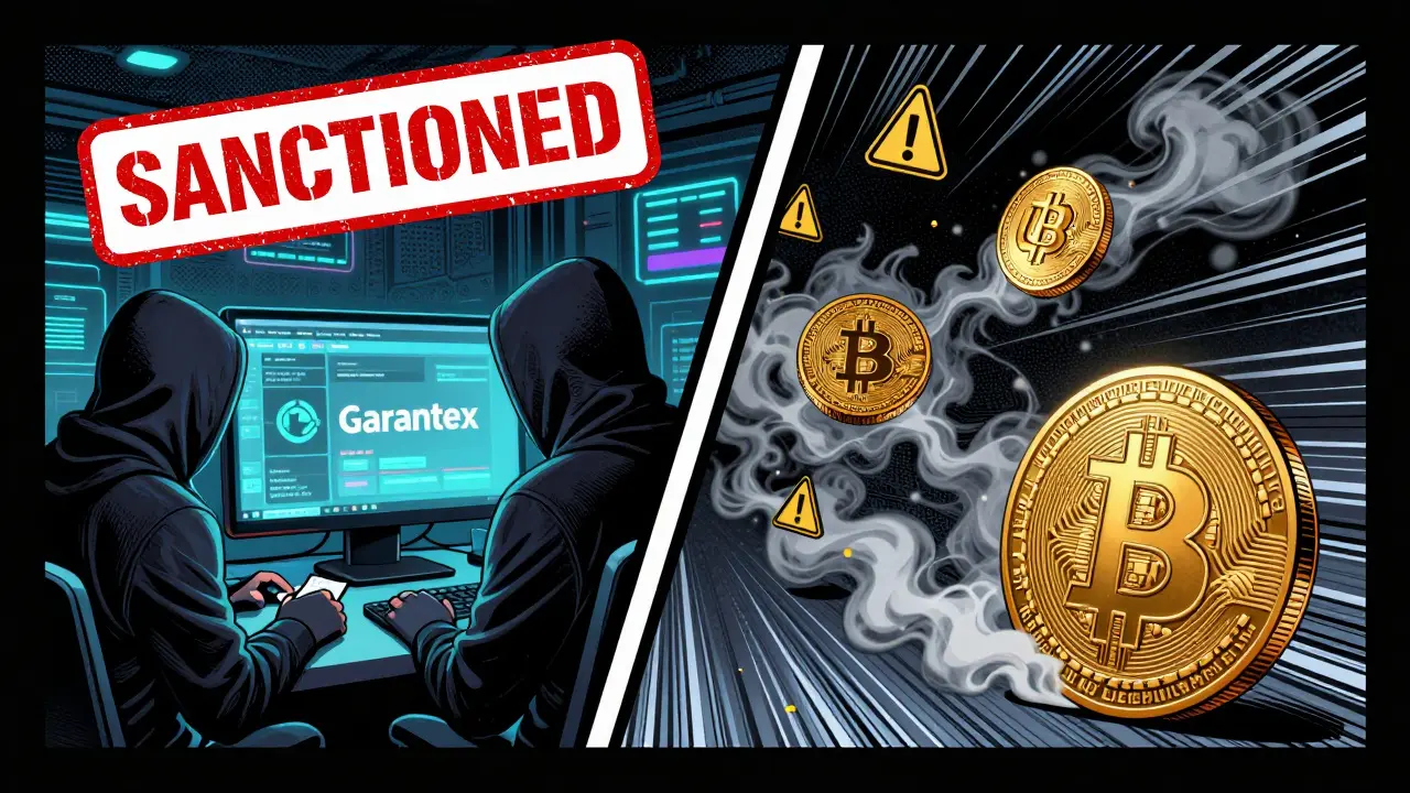 Transfert de fonds via l'échange Garantex vers des stablecoins, dans un style bande dessinée sombre.