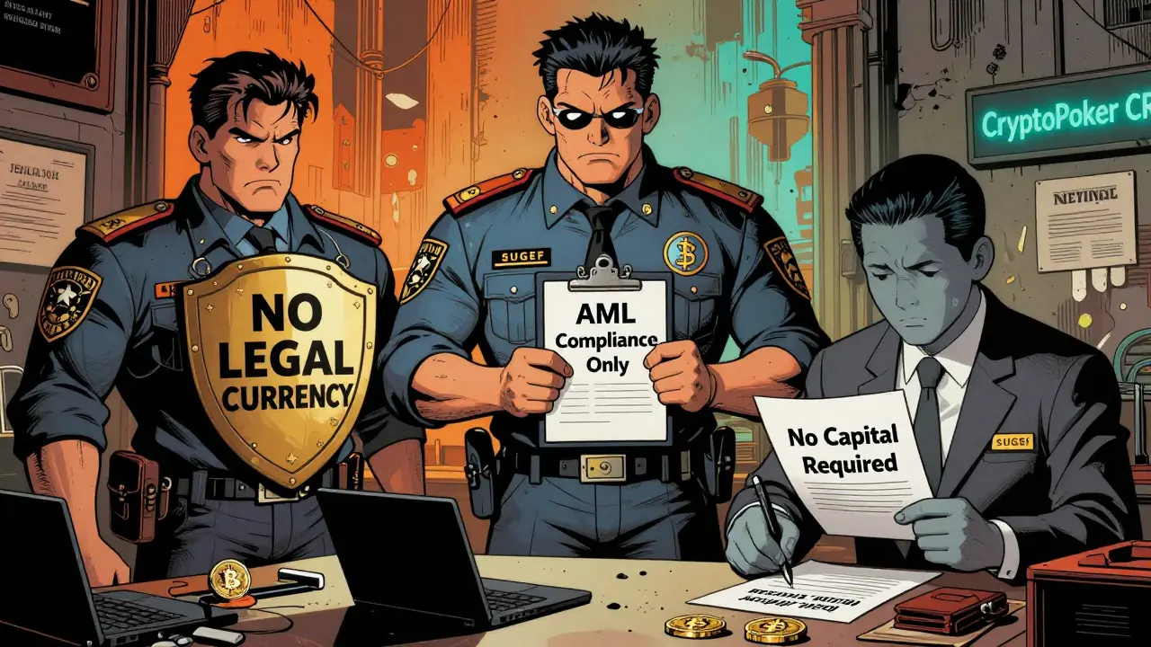 Trois agences gouvernementales stylisées en bande dessinée surveillant une petite entreprise crypto dans un bureau urbain.