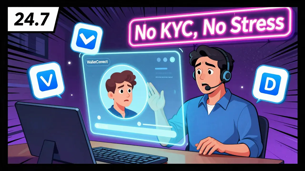 Un agent de support client aide un utilisateur sur PartySwap via un chat holographique, avec des portefeuilles crypto visibles.