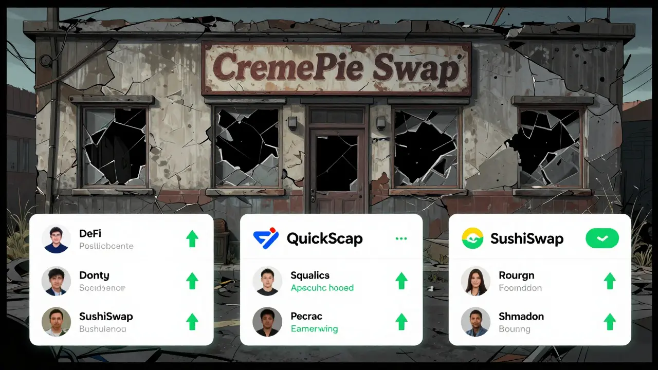Un échange frauduleux en ruines contrastant avec des plateformes DeFi réelles et actives sur Polygon.