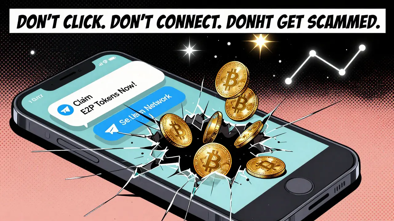 Un écran de téléphone fissuré révèle un trou noir de cryptos volées, tandis que de véritables airdrops brillent comme des étoiles dans le ciel.