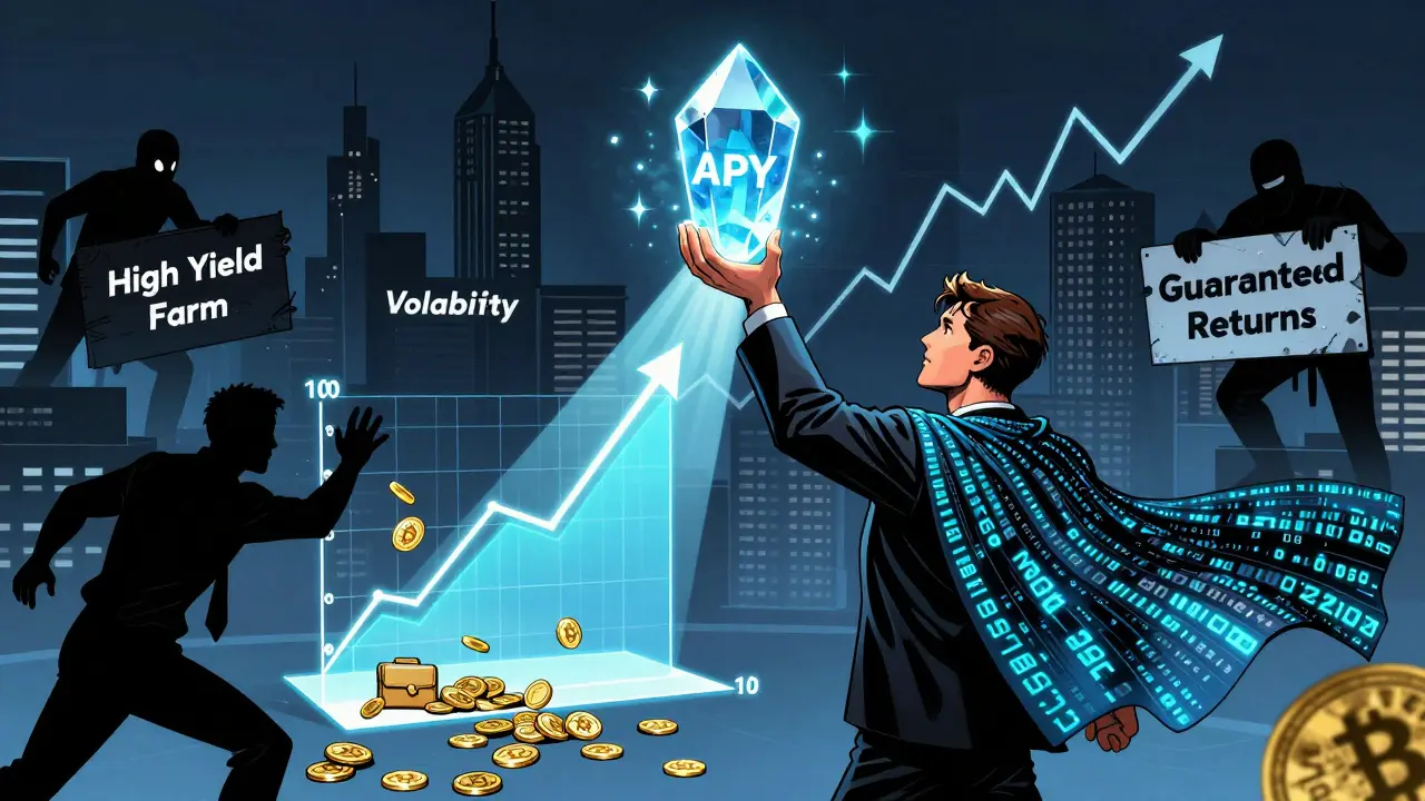 Un héros du staking lève un cristal APY, projetant des gains sur une ville cryptographique tandis que des menaces sombres l'entourent.