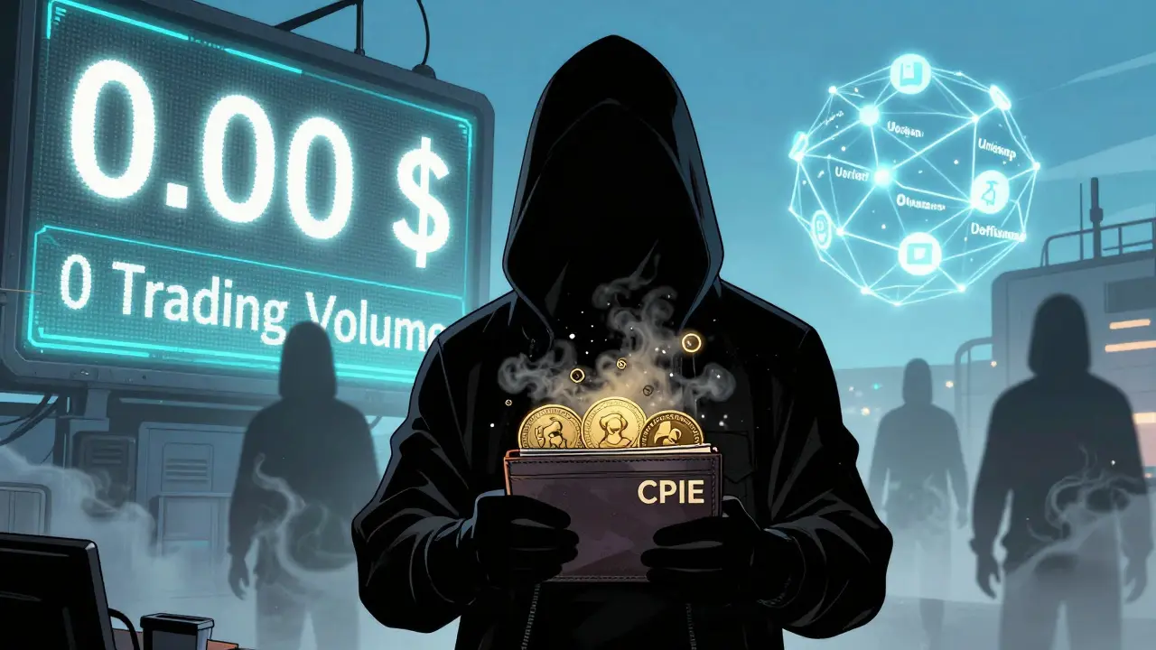 Un investisseur regardant ses tokens CPIE se transformer en poussière, entouré de signaux de risque et de projets légitimes en arrière-plan.