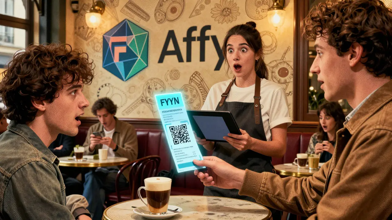 Un joueur paie un café à Paris avec des jetons FYN, un écran holographique affiche la transaction en arrière-plan.