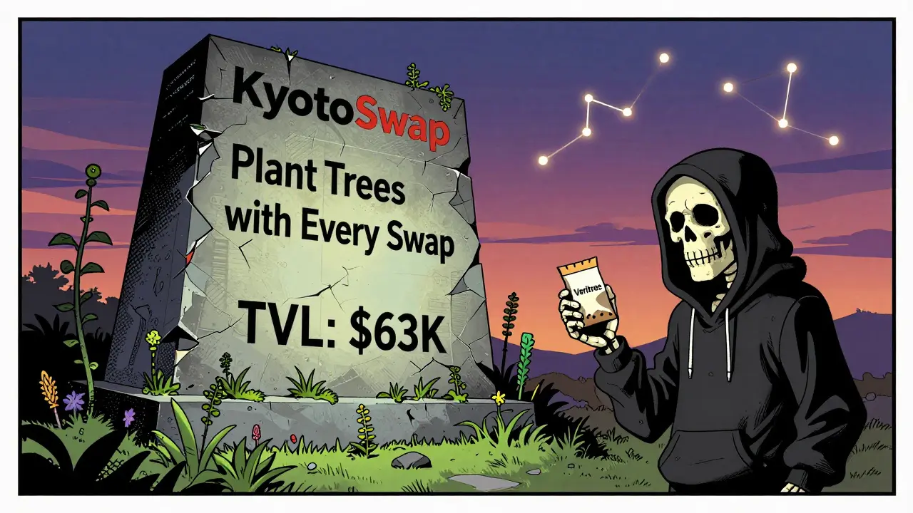 Un monument KyotoSwap en ruine, avec un squelette tenant un paquet de graines vide sous un ciel blockchain qui s'éteint.