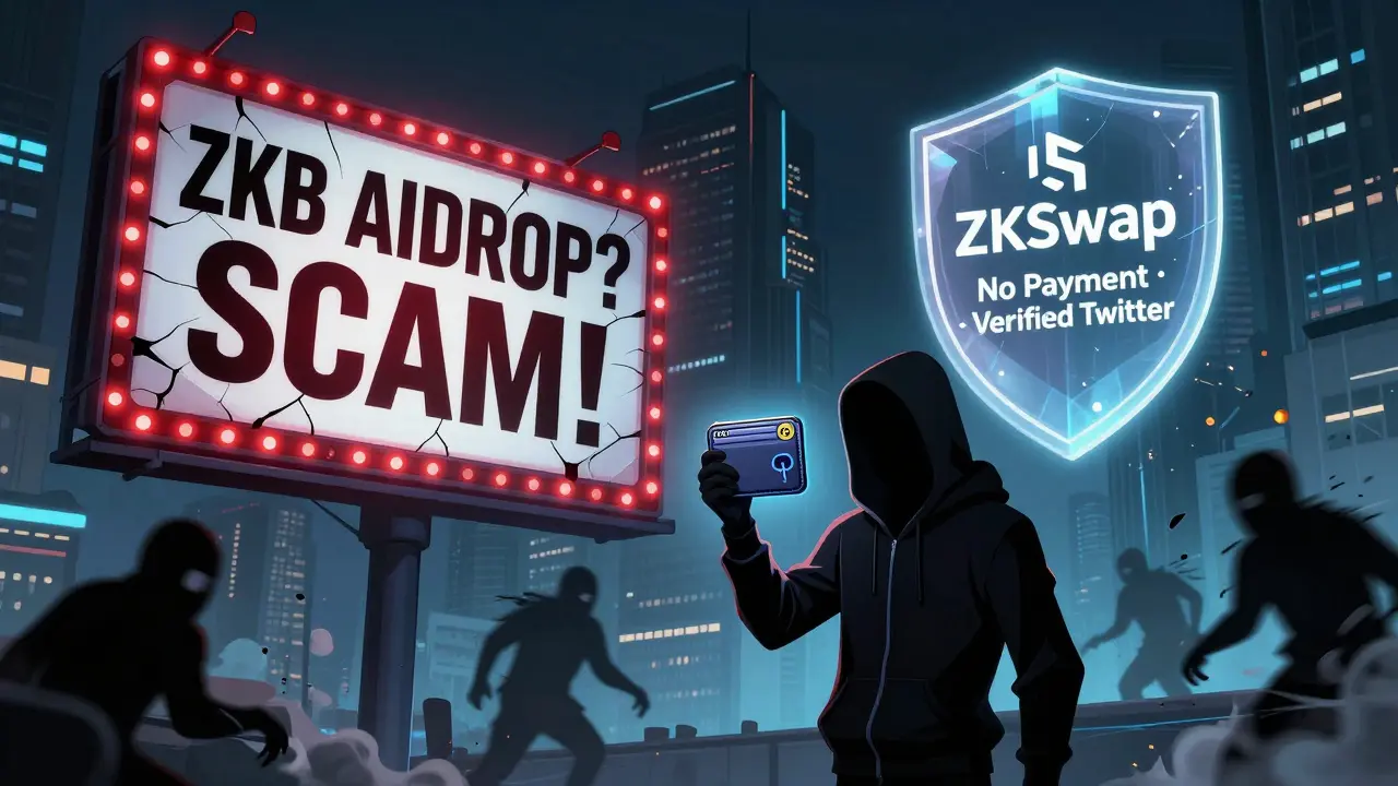 Un panneau d'avertissement contre une arnaque ZKB, tandis qu'un portefeuille légitime affiche des tokens ZKS sous un écran vérifié.