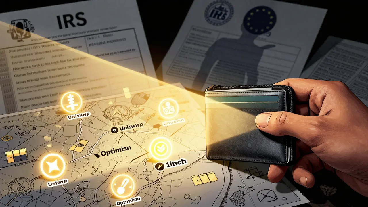 Un portefeuille MetaMask illumine les protocoles DeFi, tandis que des symboles réglementaires apparaissent en arrière-plan.