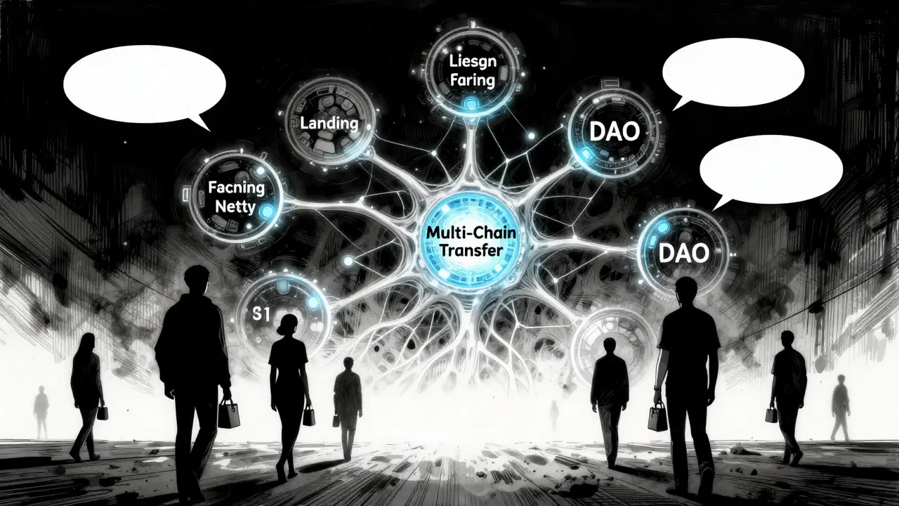 Un réseau Kusama vivant aux veines lumineuses, avec huit organes technologiques, dont un seul still pulse, tandis que des silhouettes s'éloignent avec des portefeuilles vides.