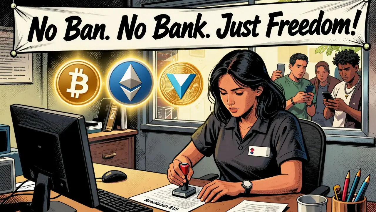 Un technicien cubain délivre une licence officielle pour les cryptomonnaies, entouré d'icônes numériques de Bitcoin, Ethereum et Avalanche.