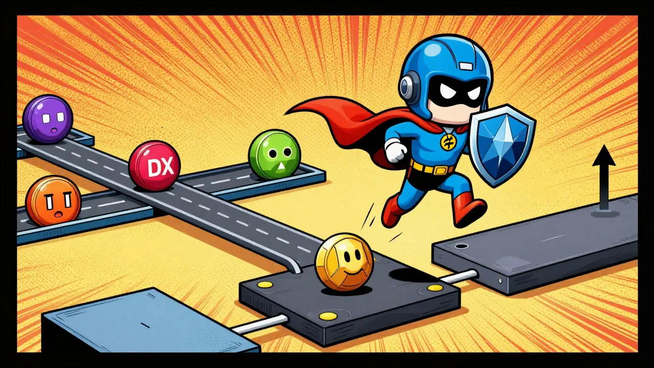 Un token héroïque traverse plusieurs blockchains sur PartySwap, tandis que d'autres DEX restent bloqués, en illustration stylisée.