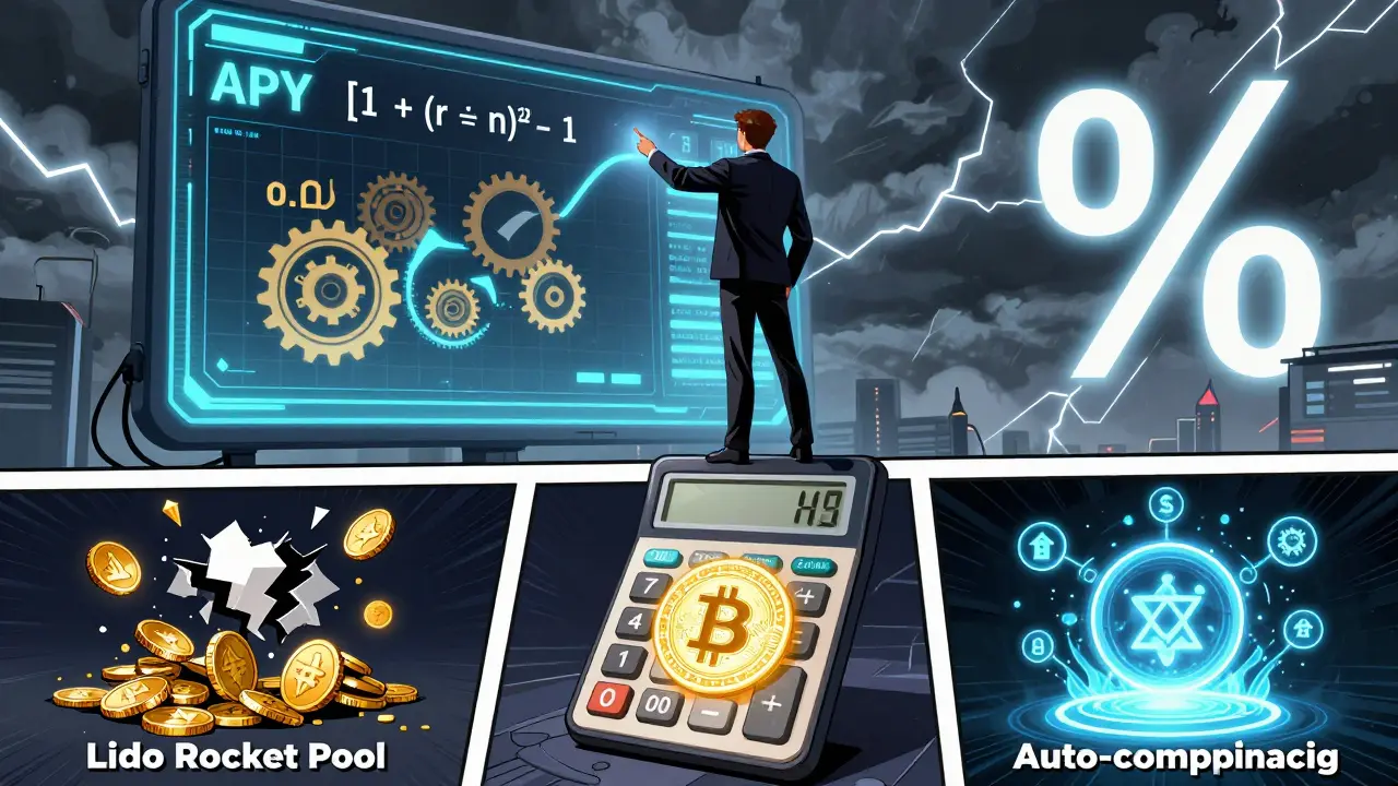 Un trader en bande dessinée dévoile la formule APY sur un écran géant, entouré de plateformes de staking concurrentes.