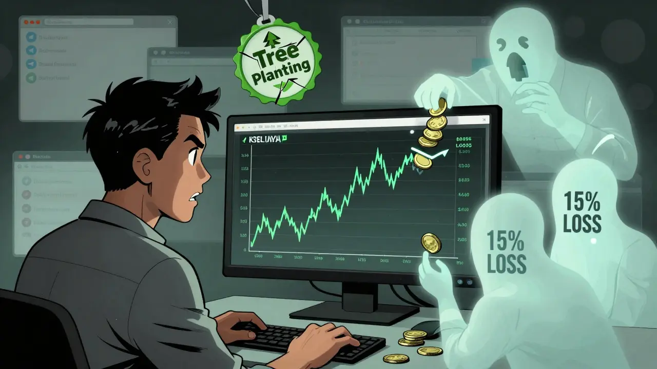 Un trader frustré face à des graphiques KSWAP instables, des flèches de perte et des chats vides sur Telegram et Reddit.