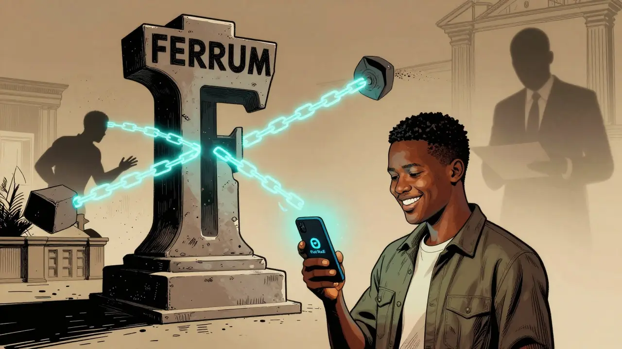 Un utilisateur africain utilise First Kudi tandis qu'un symbole de fer géant relie toutes les blockchains.