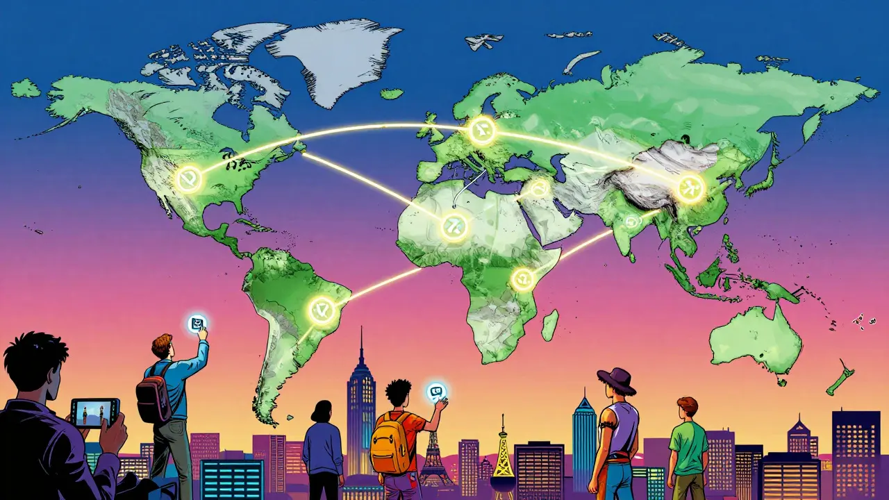 Une carte du monde NEXUS World relie des villes réelles par des chemins lumineux de jetons FYN, avec des joueurs interagissant.