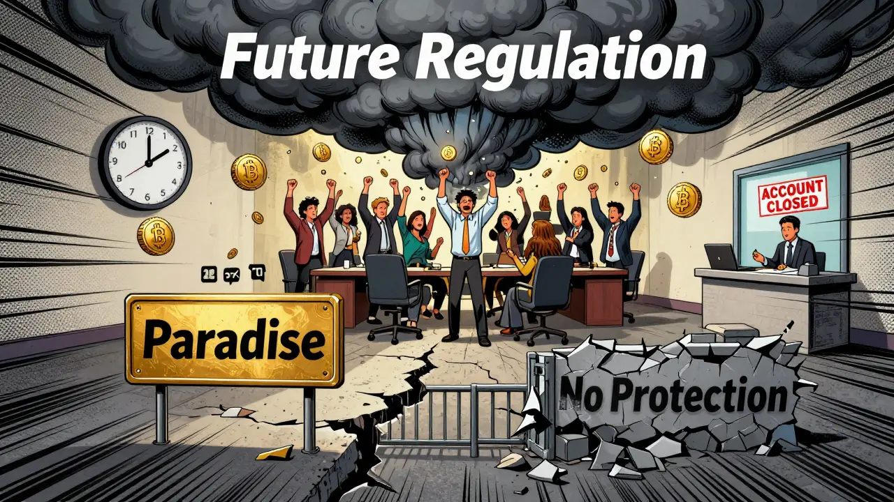 Une équipe de startup célébrant sous une tempête juridique menaçante, avec deux chemins opposés s'ouvrant devant eux.