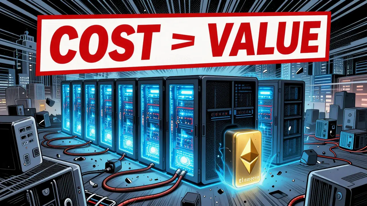 Une ferme de serveurs détruite face à un nœud Ethereum stable, avec un signal d'alerte géant dans le ciel.