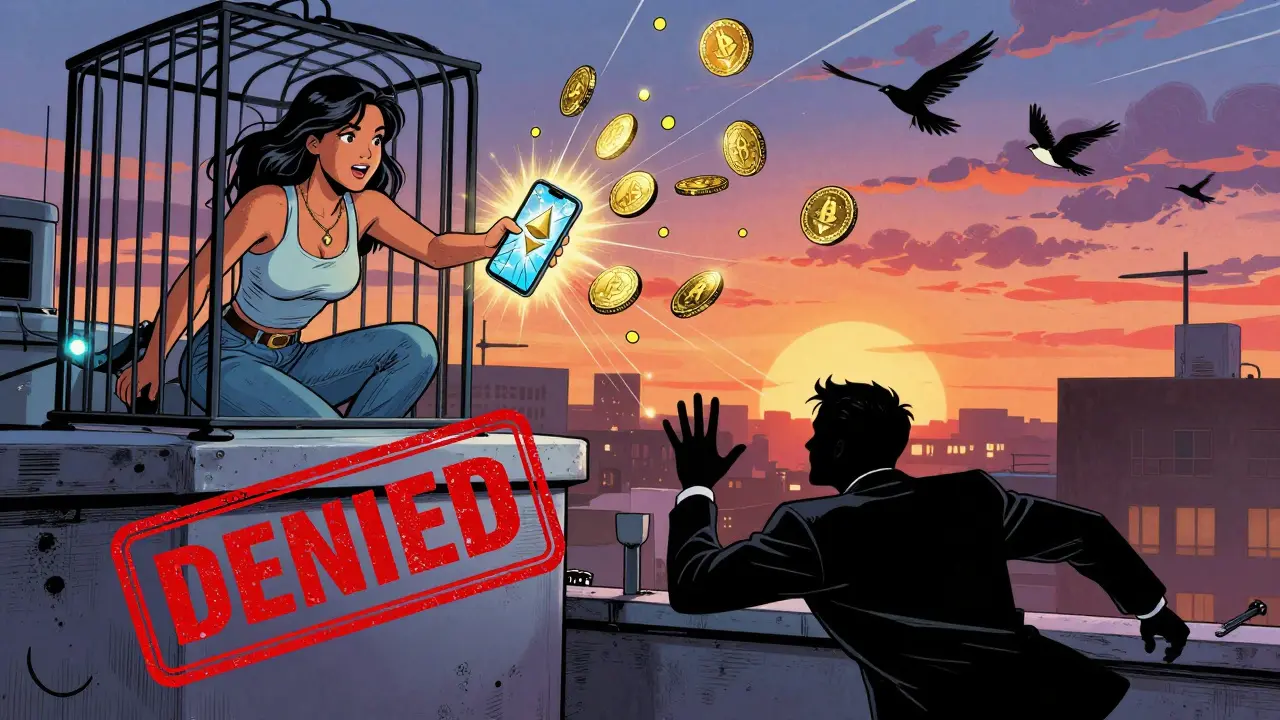 Une jeune femme envoie des cryptomonnaies à l'étranger, tandis qu'un système bancaire traditionnel est bloqué par un tampon rouge.