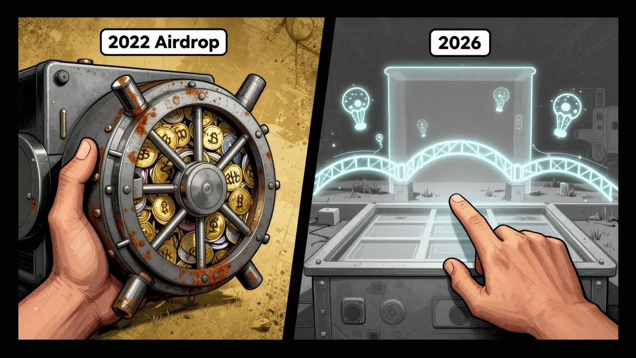 Une main tient un coffre rempli de jetons GENS de 2022, l'autre ouvre un portail vers un écosystème DeFi abandonné sur Kusama.