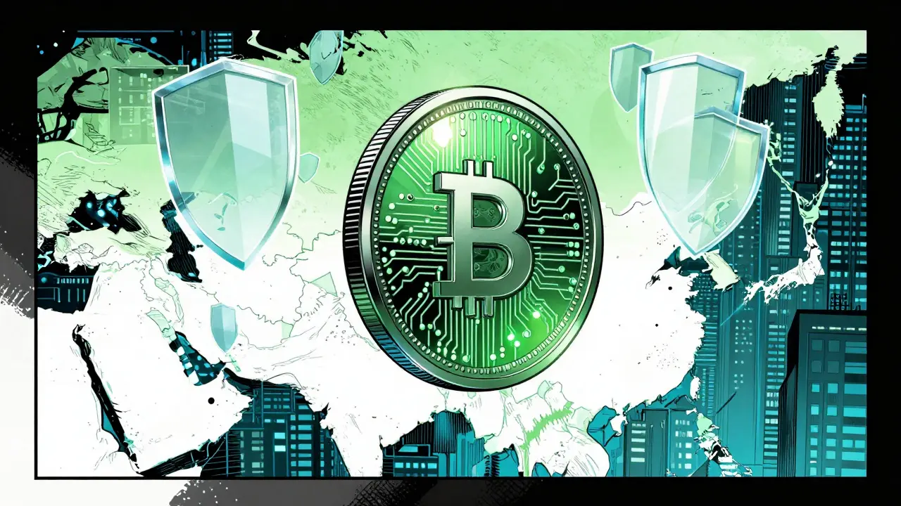 Une pièce numérique brillante entourée de boucliers de sécurité sur fond urbain sombre.