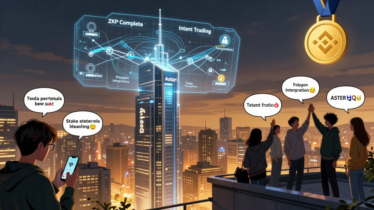 Une ville décentralisée avec un gratte-ciel Aster, des utilisateurs sur smartphone et une hologramme de la feuille de route du projet sous un ciel illuminé par Binance.
