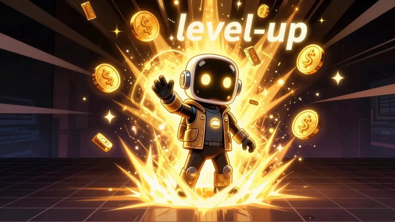 Agent IA augmentant sa puissance grâce au staking de jetons style comics.