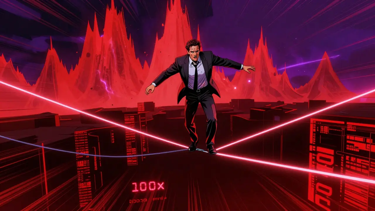 Art comics d'un trader sur une corde raide au-dessus d'un abîme numérique rouge.