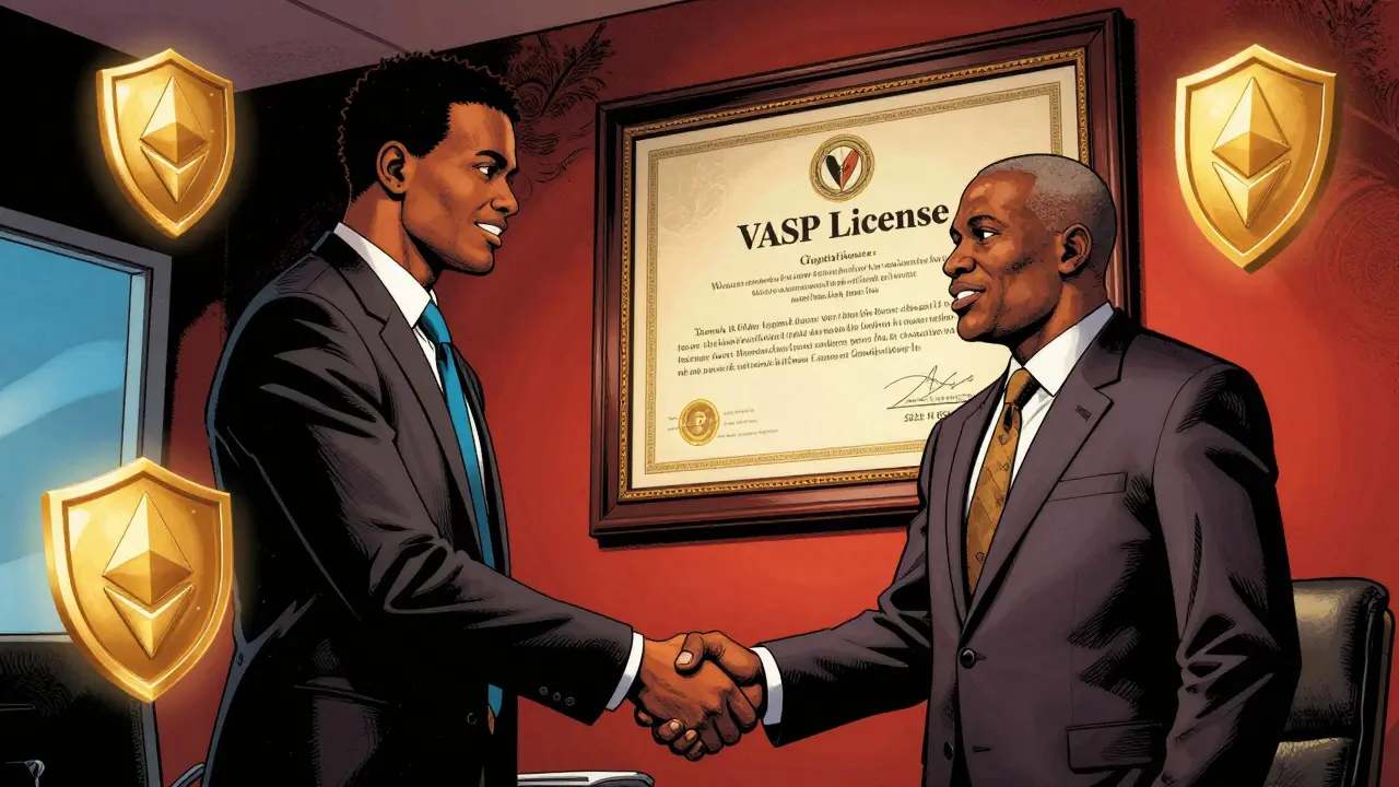 Art de bande dessinée d'un entrepreneur nigérian recevant sa licence VASP officielle.