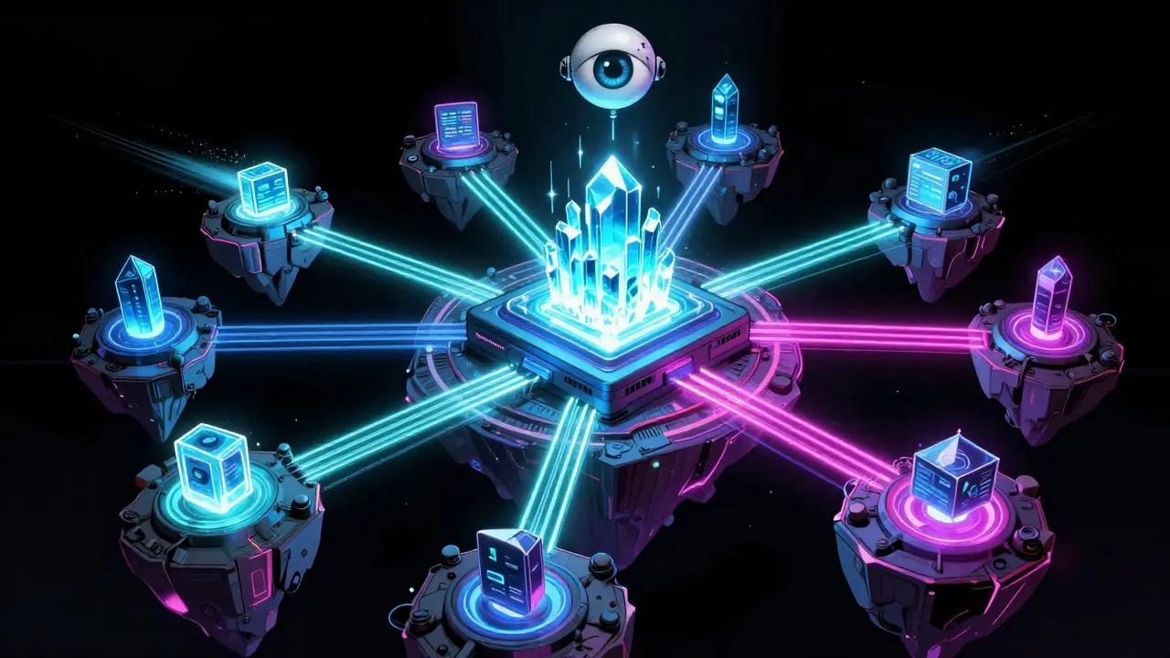 Art de bande dessinée montrant le routage intelligent de HyperEVM entre plusieurs blockchains.