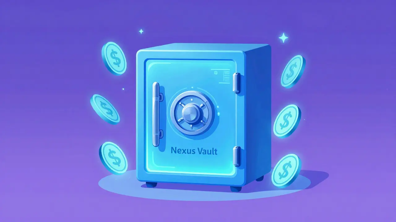 Coffre-fort numérique holographique représentant le Nexus Vault.