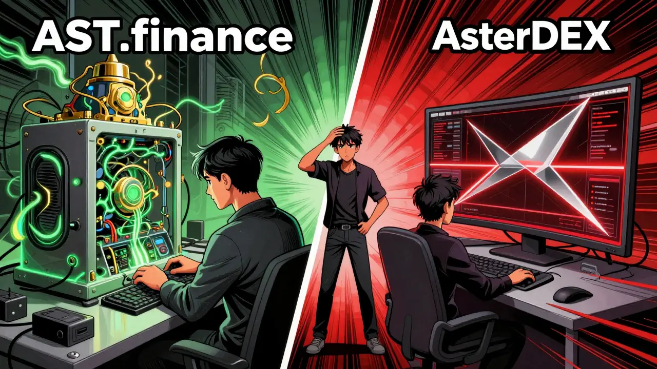 Comparaison visuelle entre AST.finance et AsterDEX dans un style bande dessinée.