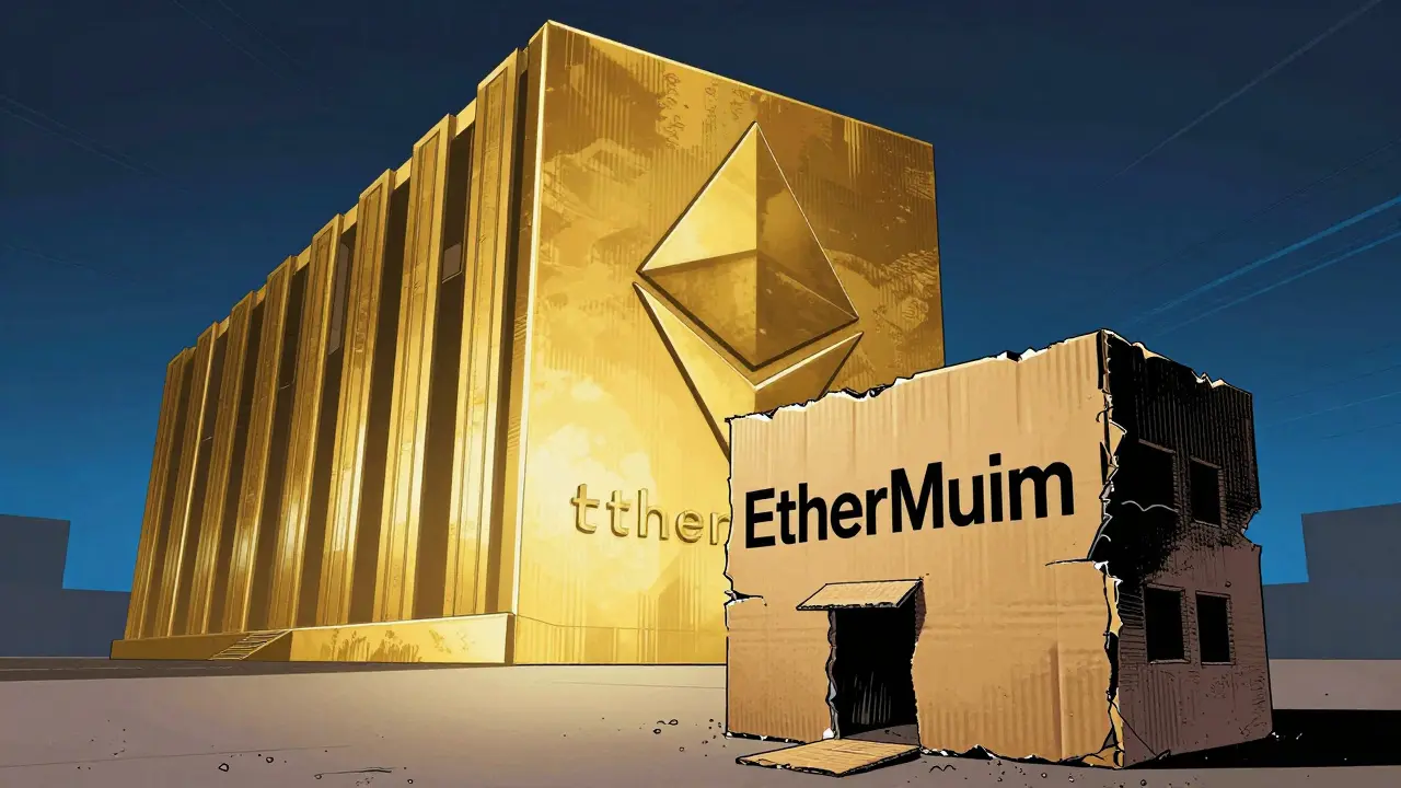 Comparaison visuelle entre la blockchain Ethereum et une façade frauduleuse EtherMuim.