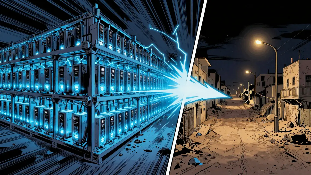 Contraste entre une ferme de minage éclairée et une ville iranienne plongée dans le noir.