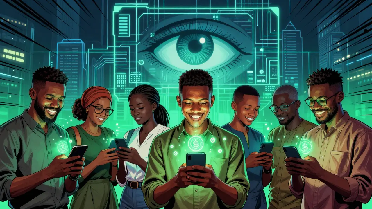 Dessin style comic montrant l'adoption des cryptos et la surveillance fiscale au Nigeria.