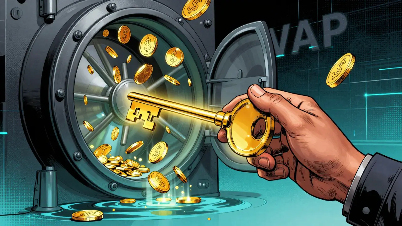 Dessin style comics d'une main tenant une clé privée avec des jetons $SWAP en arrière-plan.