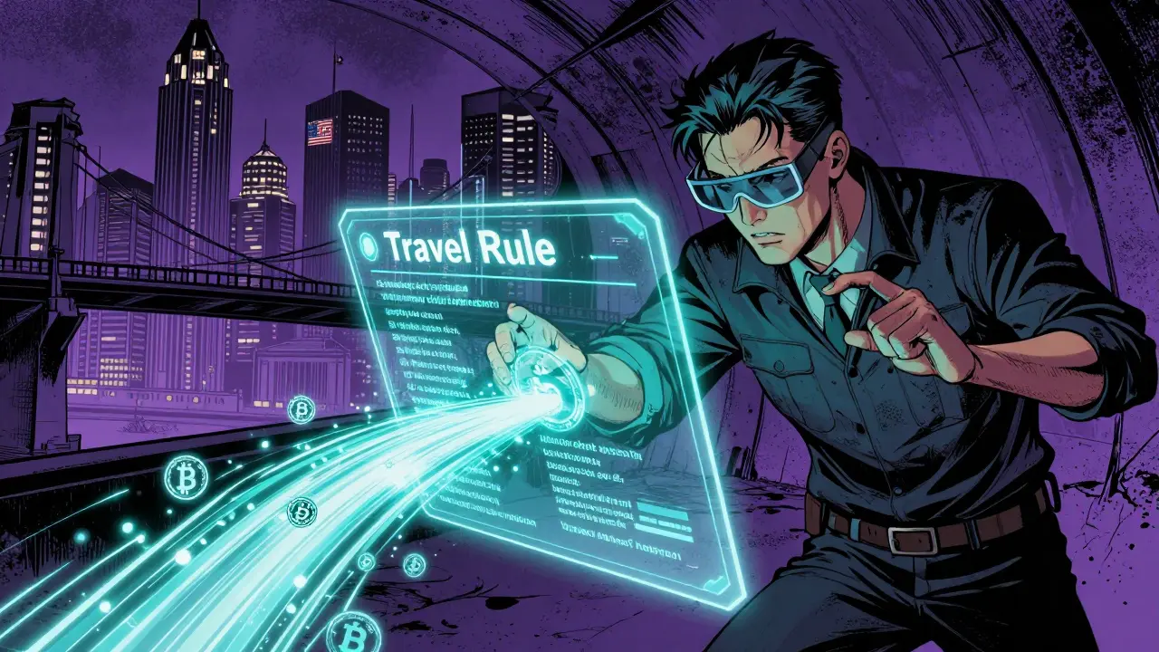 Détective numérique traçant des transactions crypto selon la Travel Rule en style bande dessinée.