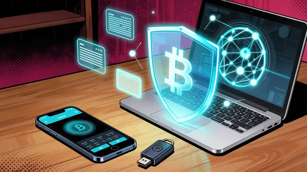 Ensemble d'outils techniques : portefeuille numérique et VPN, style bande dessinée.