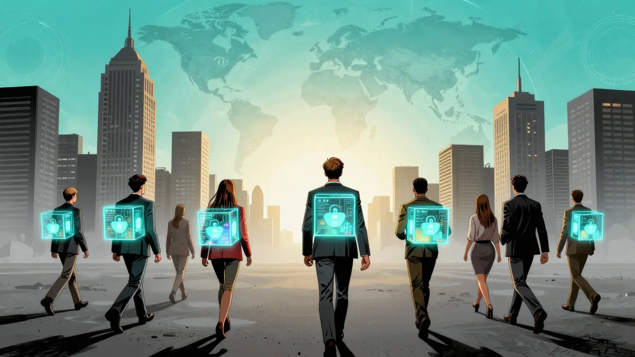 Experts en blockchain quittant une ville grise vers un horizon futuriste lumineux.