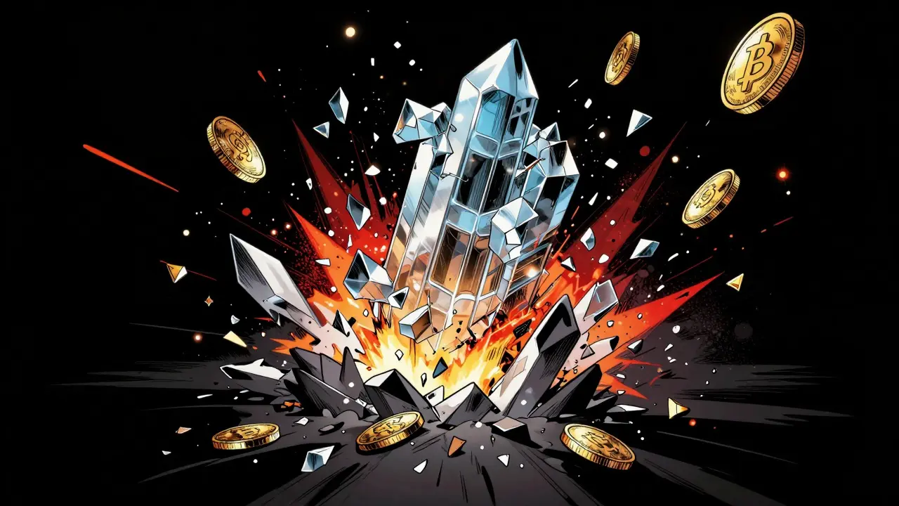 Explosion et fragmentation d'une structure numérique symbolisant l'effondrement de Txbit.