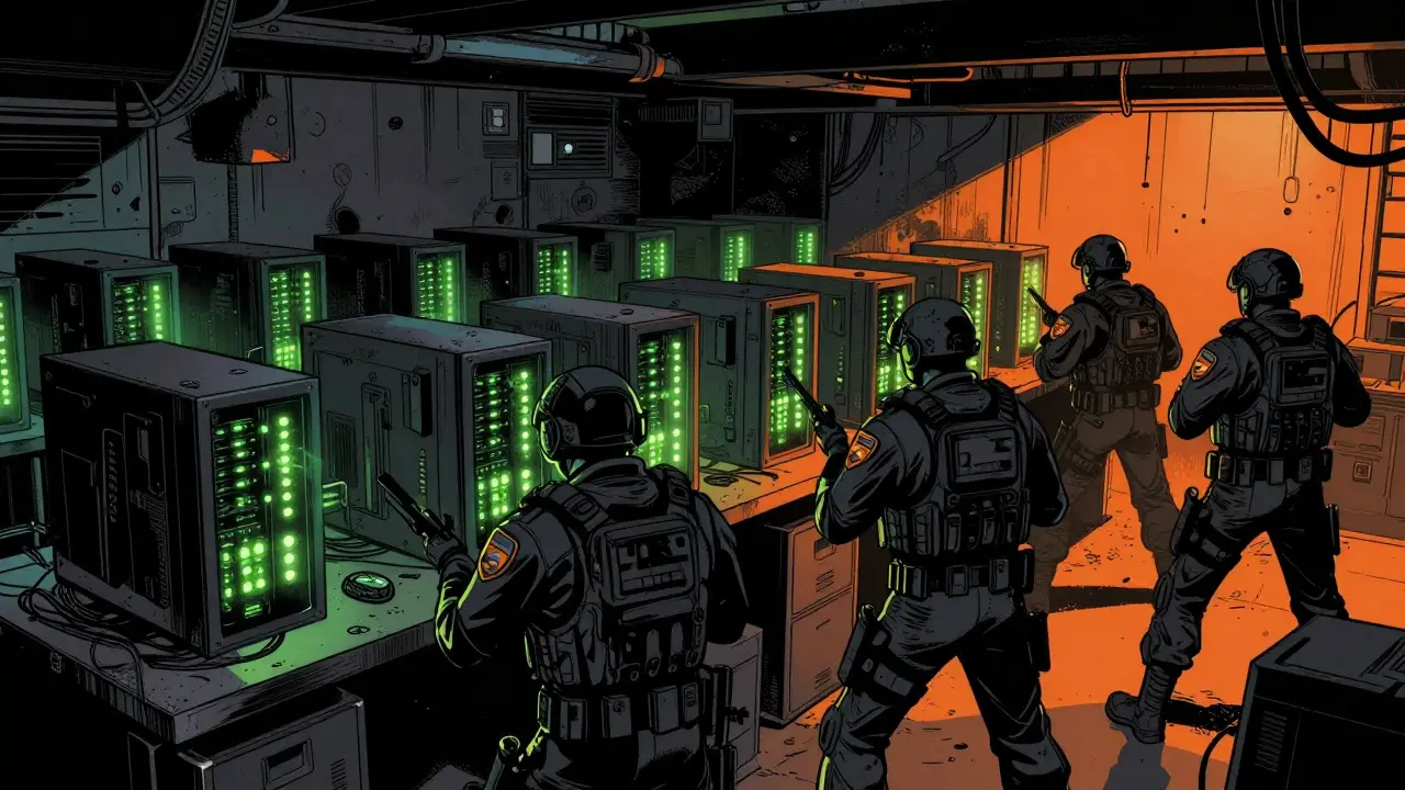 Forces de sécurité perquisitionnant une installation de minage de cryptomonnaies.