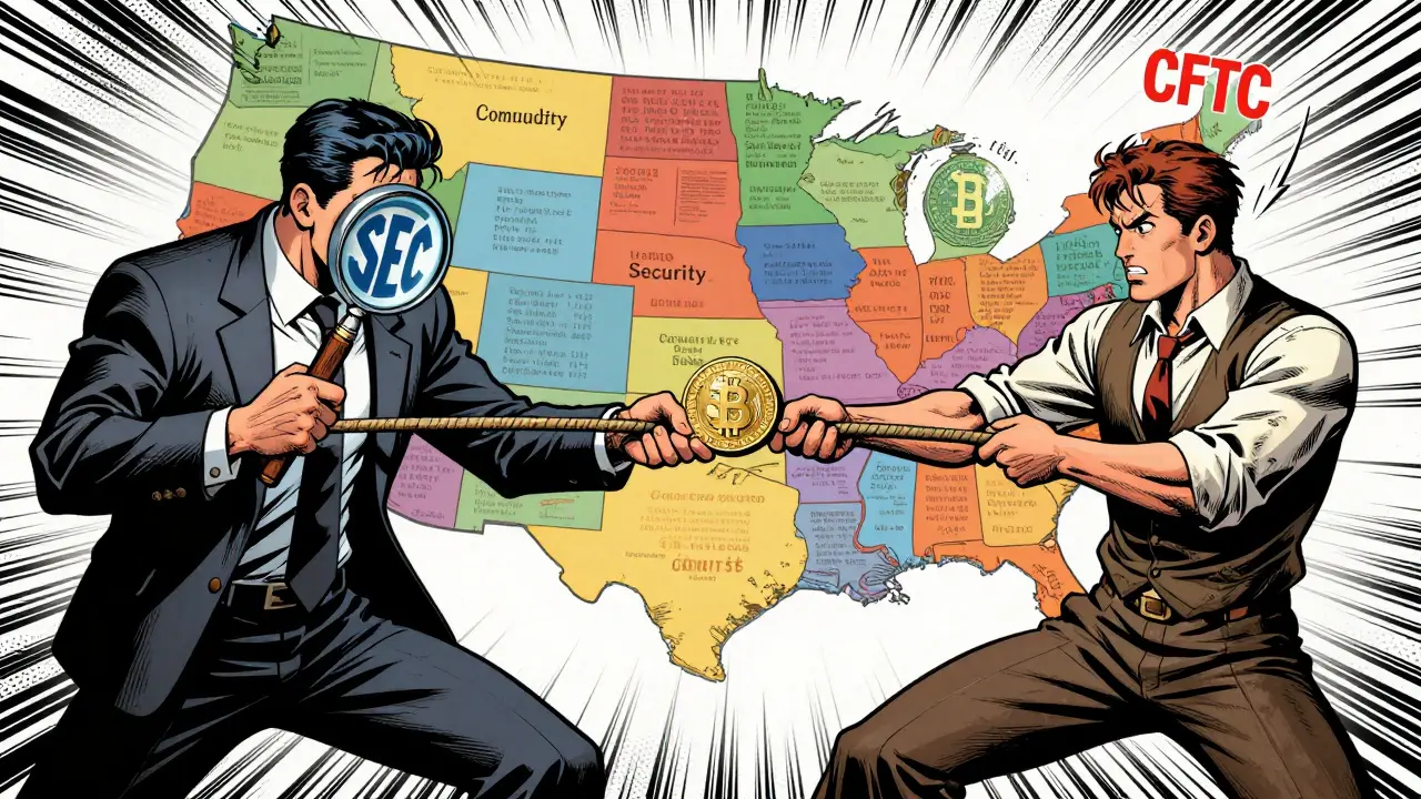 Illustration BD d'un bras de fer entre la SEC et la CFTC sur la nature des actifs crypto.