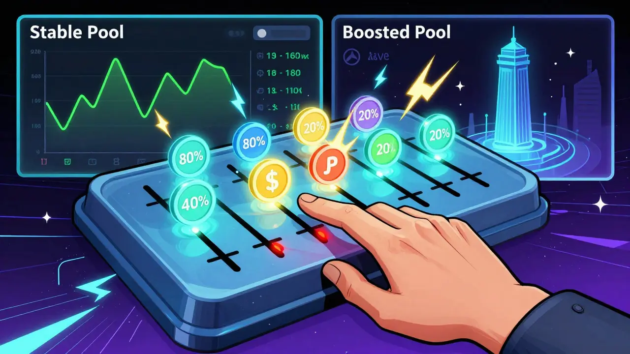Interface holographique de Balancer configurant un pool de huit jetons différents.
