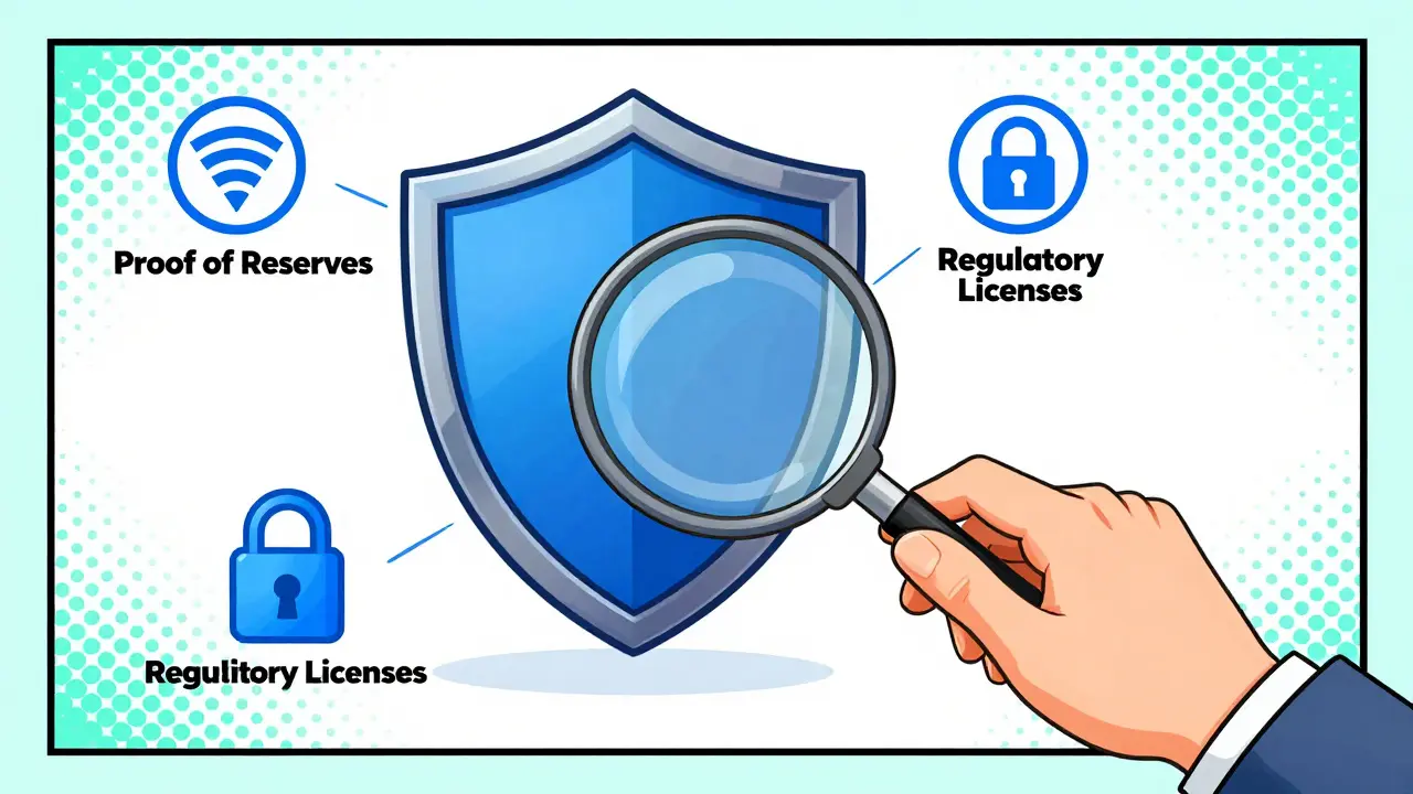 Investisseur vérifiant les critères de sécurité d'un échange crypto avec une loupe.