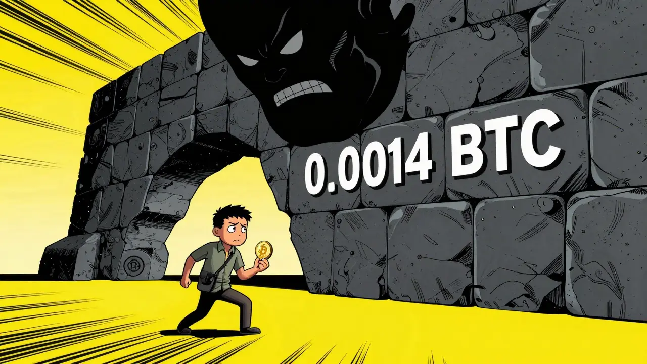 Petit trader face à un mur massif représentant des frais de transaction élevés.