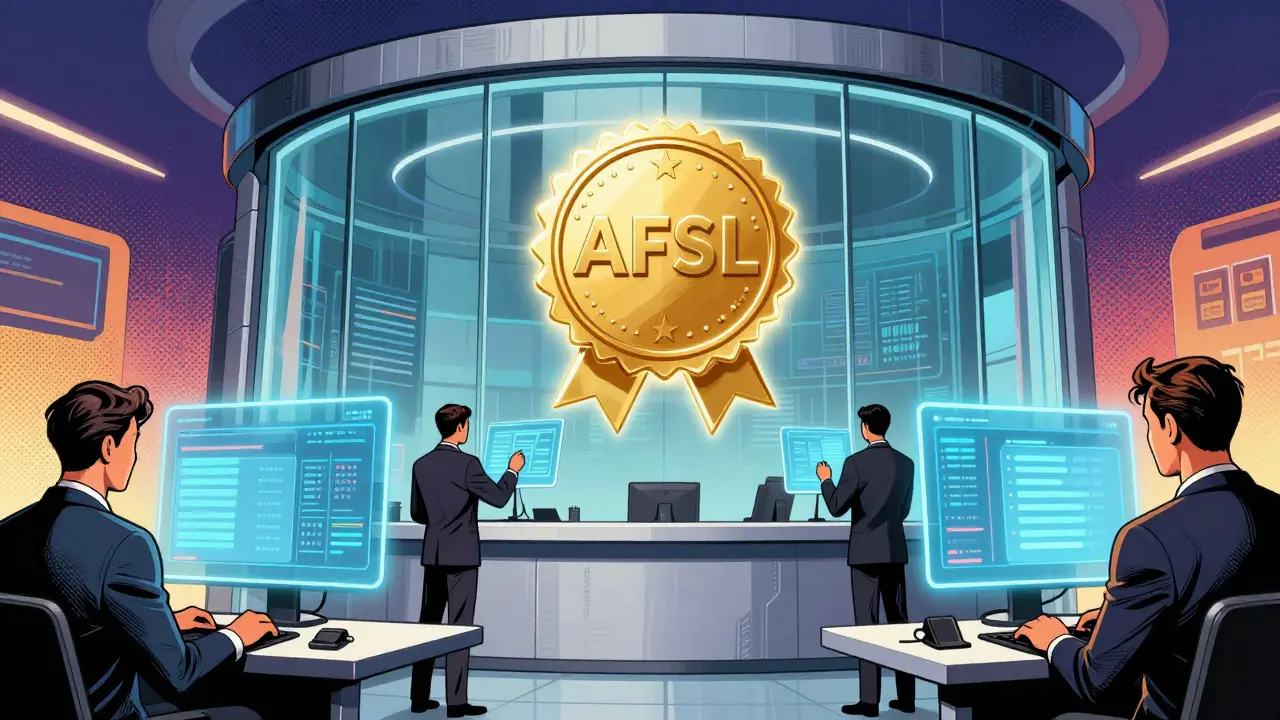 Plateforme crypto moderne avec le sceau de licence AFSL et vérifications d'identité.