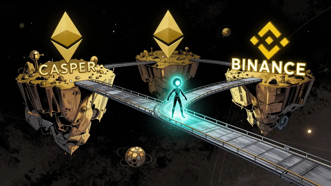 Ponts technologiques reliant les blockchains Casper, Ethereum et BSC style comics.