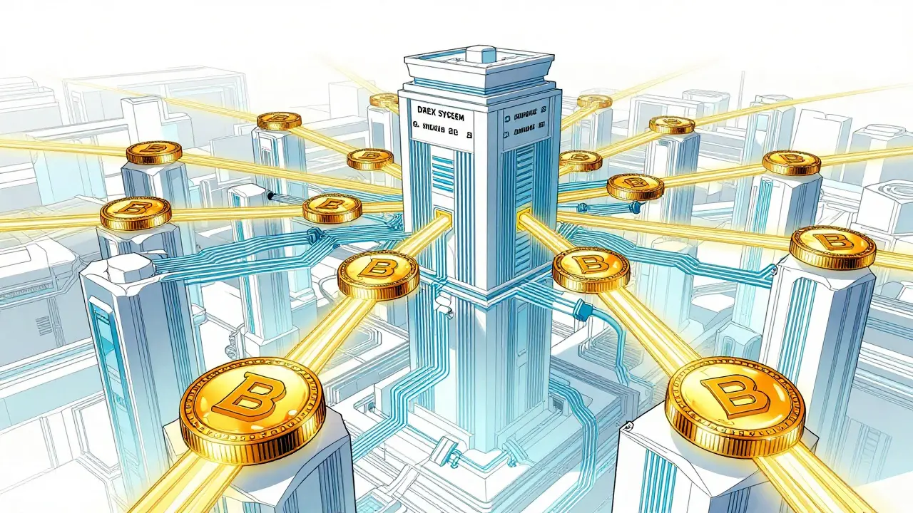 Représentation futuristic et structurée du système de tokenisation DREX du Brésil.