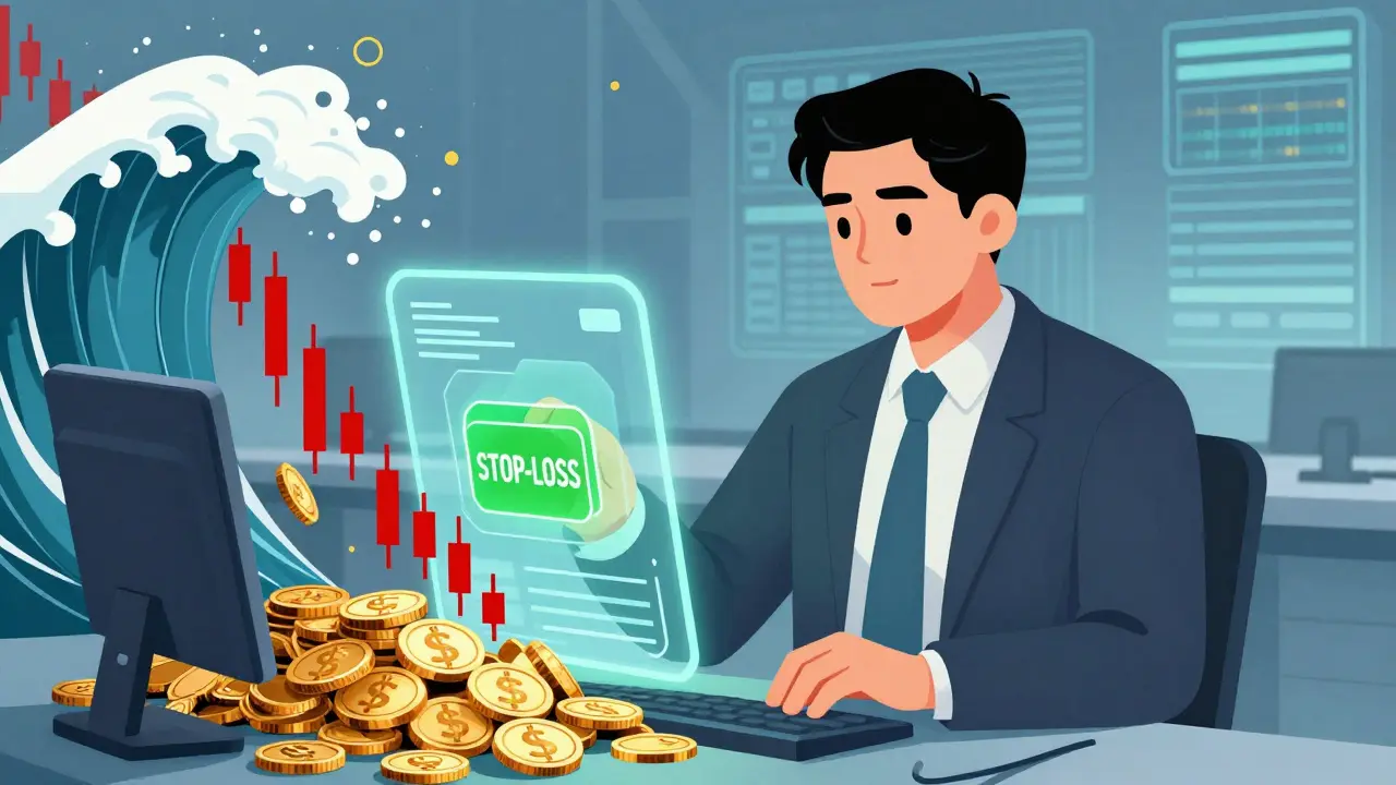 Style comics d'un trader utilisant un stop-loss comme bouclier contre la chute du marché.