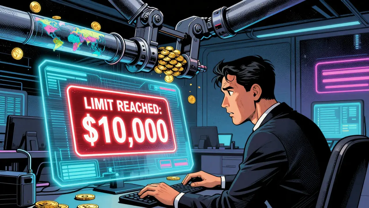 Un gestionnaire de plateforme crypto face à un écran affichant une limite de transfert de 10 000 $.