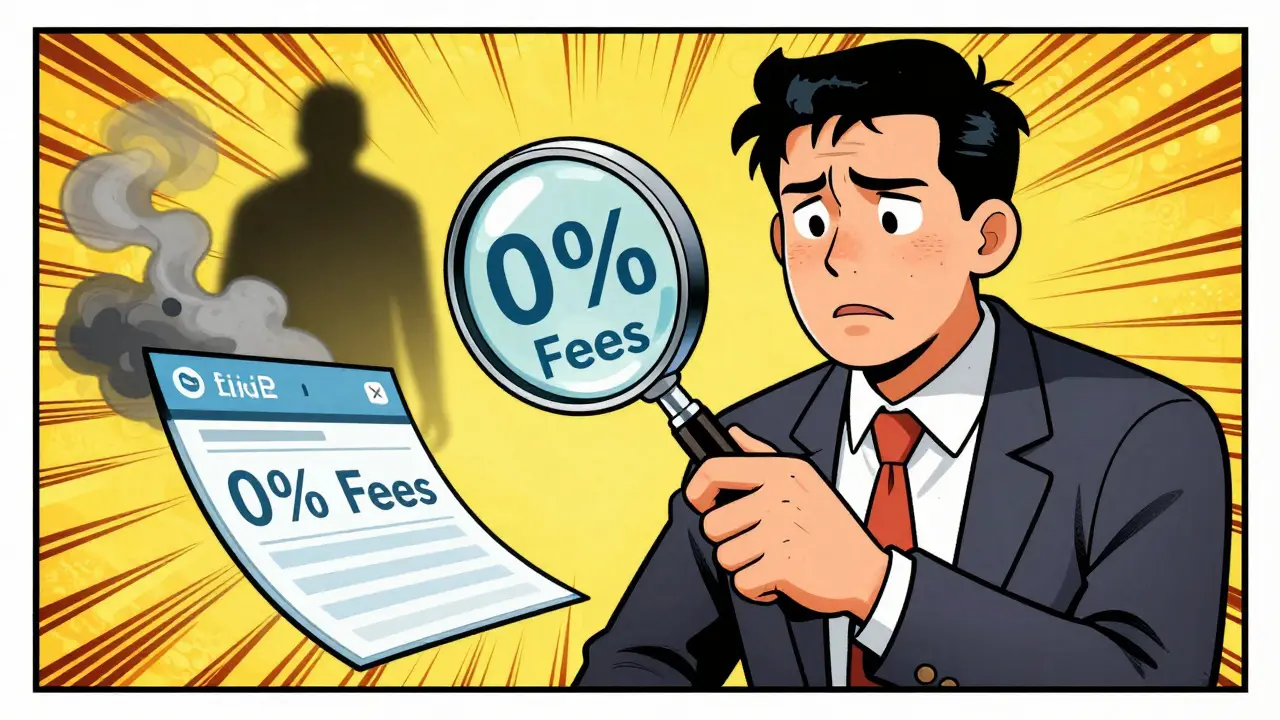 Un investisseur sceptique examinant des frais de trading trop bas avec une loupe.