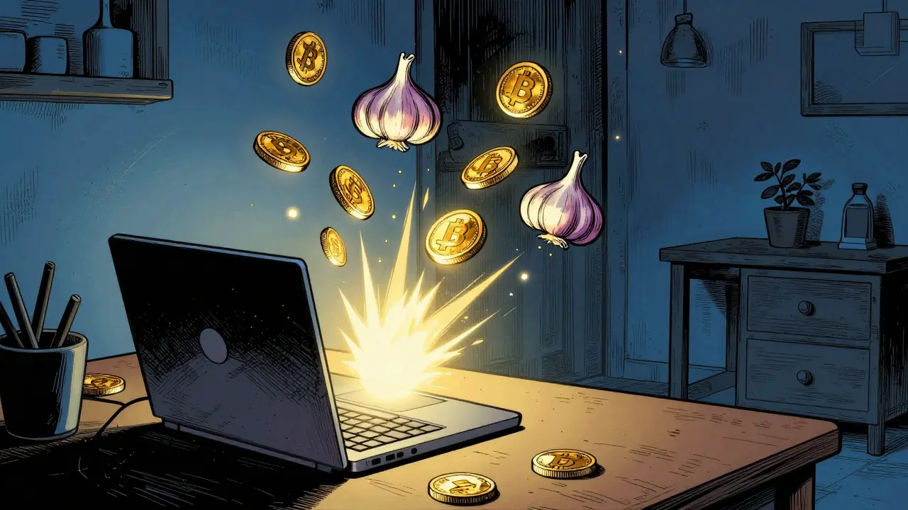 Un ordinateur portable minant des pièces de Garlicoin dans un style bande dessinée.